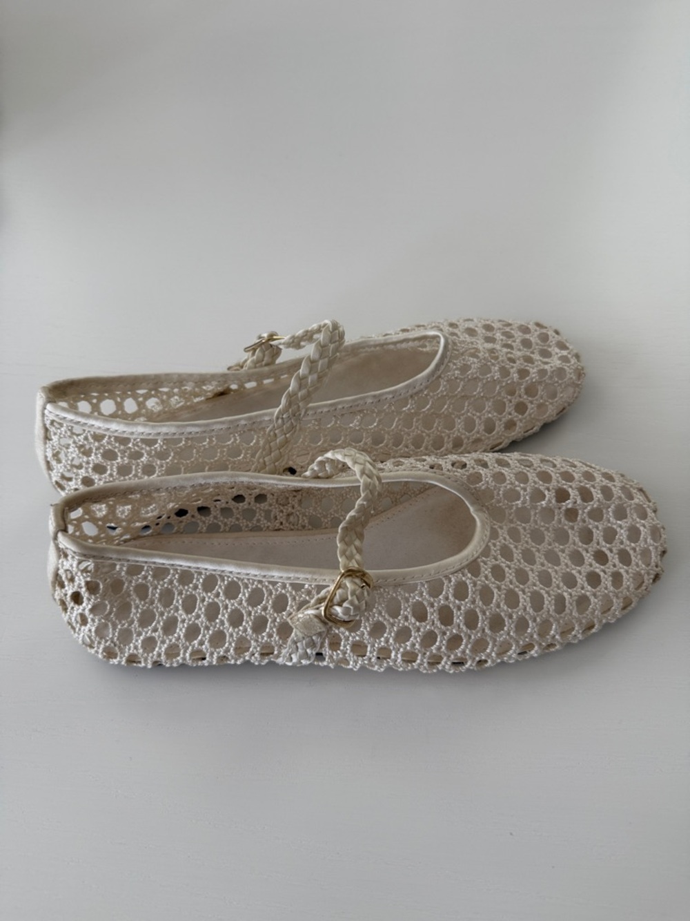 Zara Cream Woven Mary Jane Flats with Braided Strap and Gold Buckle
